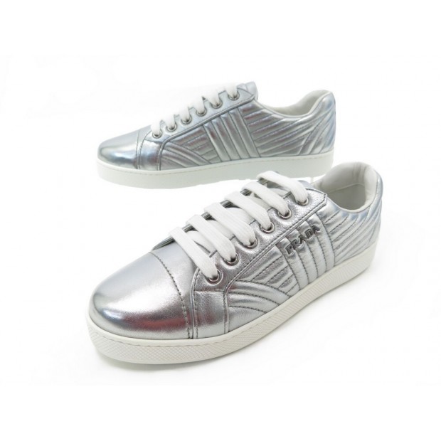 NEUF CHAUSSURES PRADA BASKETS 1E3441 CUIR ARGENTE 37 SNEAKERS + BOITE SHOES 590€