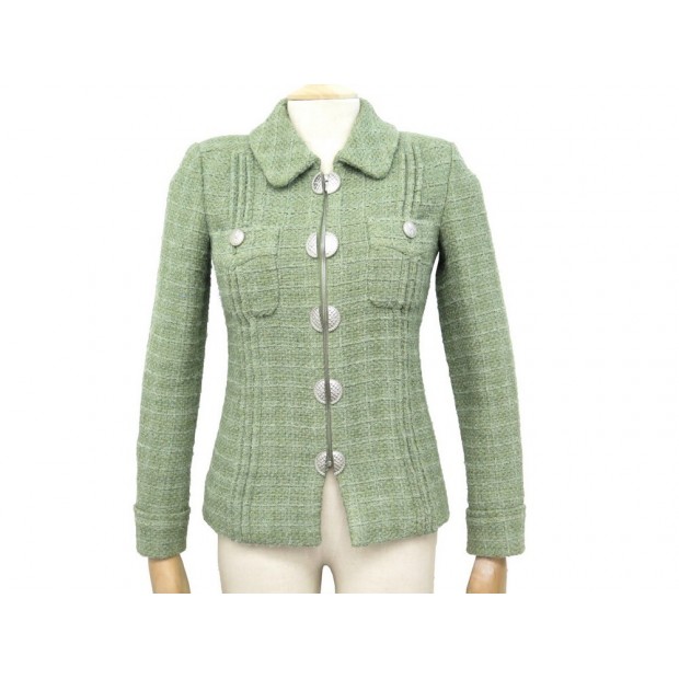 NEUF VESTE CHANEL ZIP P55551 EN TWEED DE LAINE VERT 34 S CUBA 2017 JACKET 4200€