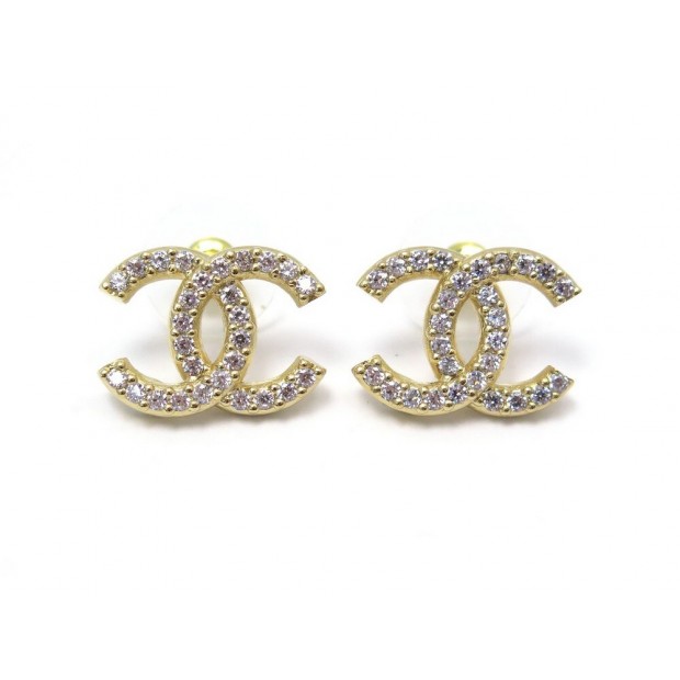 NEUF BOUCLES D'OREILLES CHANEL LOGO CC STRASS METAL DORE + BOITE EARRINGS