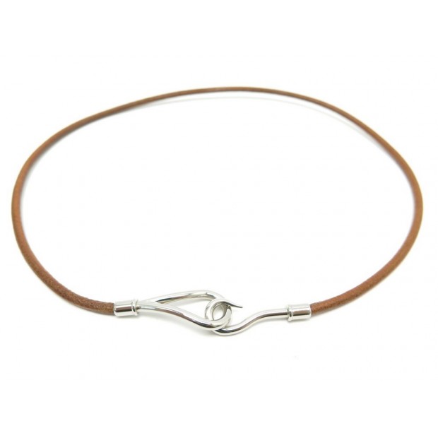 NEUF COLLIER HERMES JUMBO 49 CM CUIR MARRON PALLADIE BRACELET TRIPLE TOUR 270€