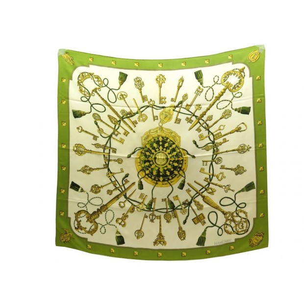 FOULARD HERMES LES CLEFS CATHY LATHAM CARRE 90 EN SOIE VERT SILK SCARF 385€