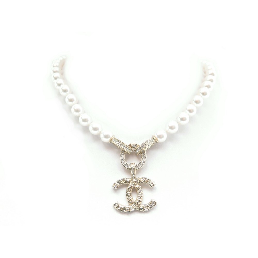 collier chanel logo cc strass perles 43 cm en