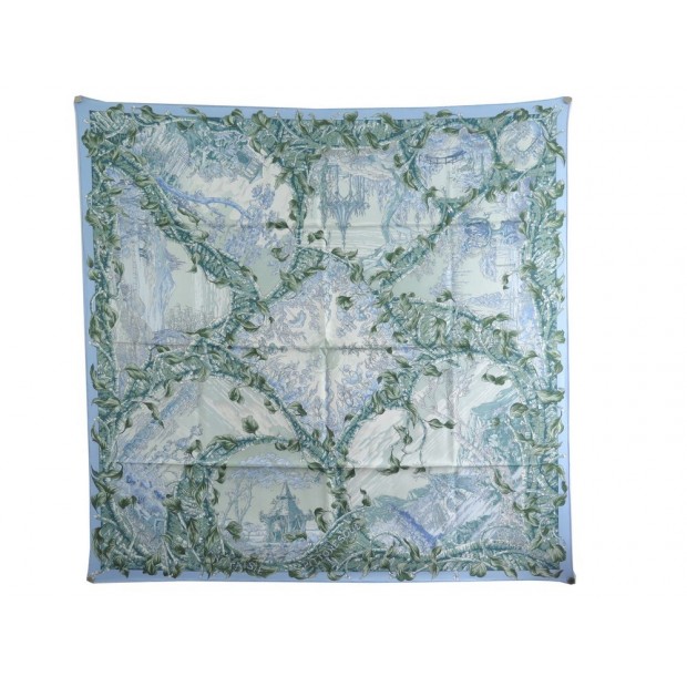 NEUF FOULARD HERMES FANTAISIE PITTORESQUE FRANCOISE HOUTIN SOIE BLEU SILK SCARF