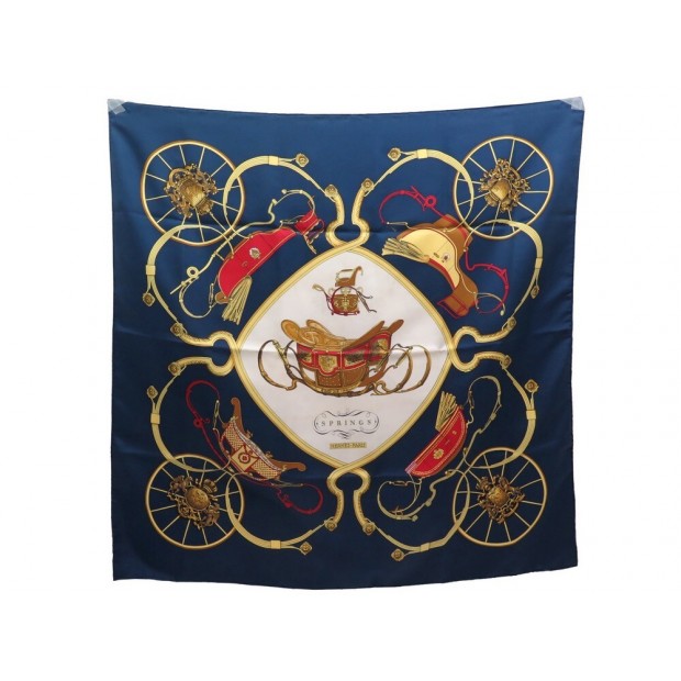 FOULARD HERMES SPRINGS PHILIPPE LEDOUX CARRE 90 SOIE BLEU MARINE SILK SCARF 385€