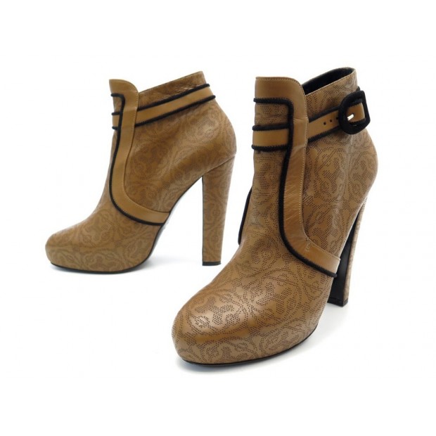 CHAUSSURES HERMES BOTTINES MOTIFS H 39 EN CUIR MARRTON + BOITE BOOTS SHOES 990€