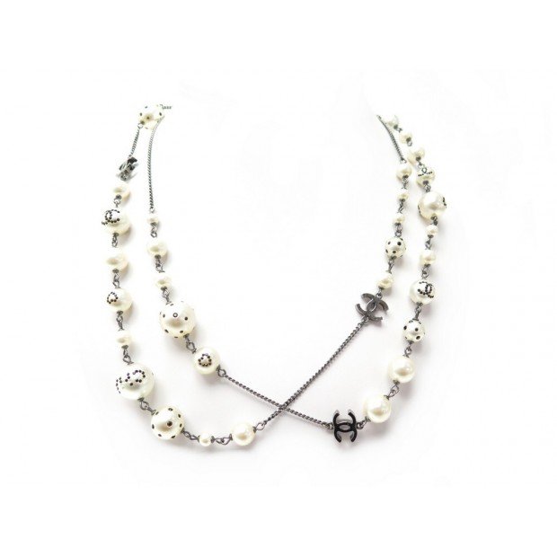 COLLIER CHANEL SAUTOIR PERLES LOGO CC STRASS 118 CM ARGENTE NECKLACE 1390€