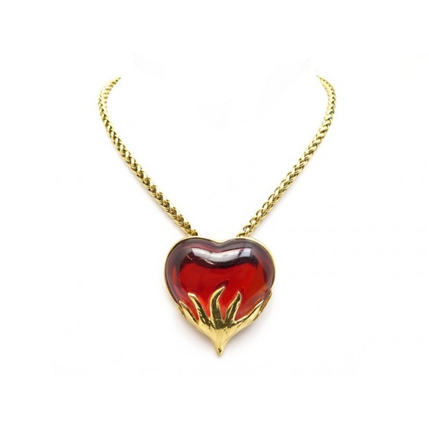 VINTAGE COLLIER YVES SAINT LAURENT BROCHE PENDENTIF COEUR DORE NECKLACE BROOCH