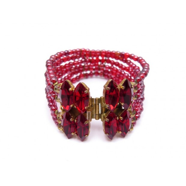 VINTAGE BRACELET YVES SAINT LAURENT MANCHETTE EN PERLES ET STRASS ROUGE JEWEL