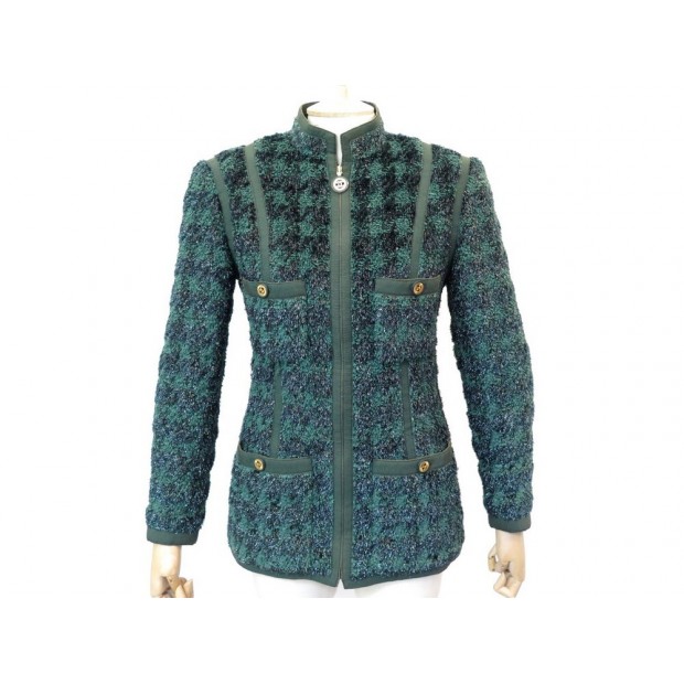 VESTE CINTREE CHANEL 21618 M 38 BOUTONS LOGO CC EN TWEED LUREX VERT JACKET 4200€