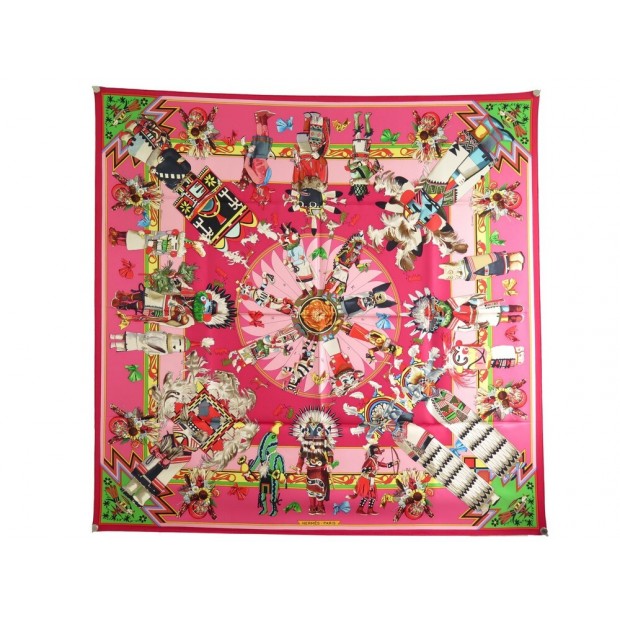 FOULARD HERMES KACHINAS KERMIT OLIVER CARRE 90 EN SOIE + BOITE SILK SCARF 385€