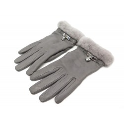 GANTS HERMES PRINCESSE CADENAS KELLY 6.5 CUIR GRIS & FOURRURE VISON GLOVES 1115€