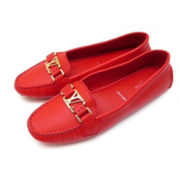 NEUF CHAUSSURES LOUIS VUITTON OXFORD FLAT 38.5 MOCASSINS CUIR ROUGE + BOITE 640€