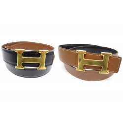 CEINTURE HERMES REVERSIBLE 85 CUIR NOIR & GOLD BOUCLE H CONSTANCE DORE BELT 650€