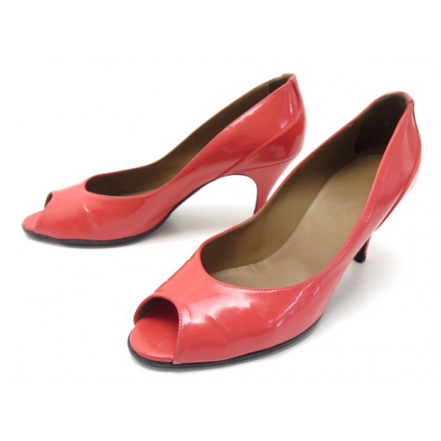 CHAUSSURES HERMES GROUPIE 70 38.5 ESCARPINS CUIR VERNI CORAIL + BOITE PUMP 550€