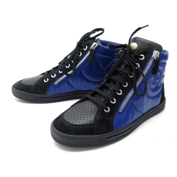 NEUF CHAUSSURES CHANEL G29918 37 BASKETS CUIR NOIR ET BLEU + BOITE SNEAKERS 800€