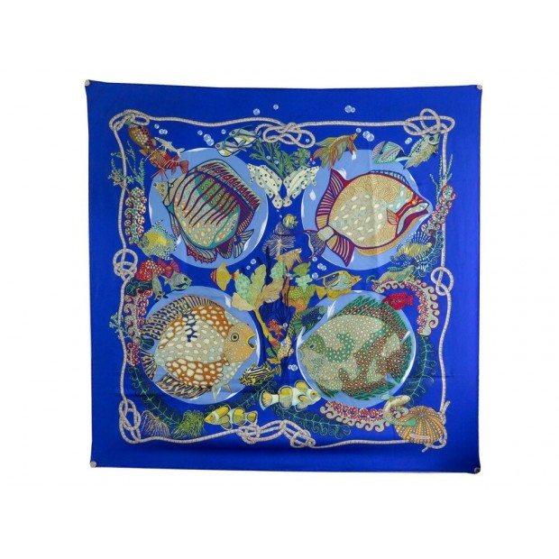 FOULARD HERMES GRANDS FONDS PAR ANNIE FAIVRE SOIE BLEU CARRE 90 SILK SCARF 385€