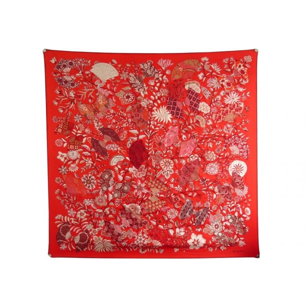 RARE FOULARD HERMES FLEURS ET PAPILLONS DE TISSUS CHRISTINE HENRY EN SOIE ROUGE