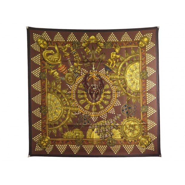 NEUF FOULARD HERMES L'OR DES CHEFS METZ CARRE 90 EN SOIE MARRON SILK SCARF 385€