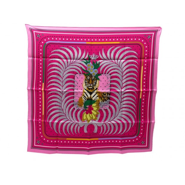 NEUF FOULARD HERMES TIGRE ROYAL FLEURI H983503S14 CARRE 70 SOIE ROSE +BOITE 285€