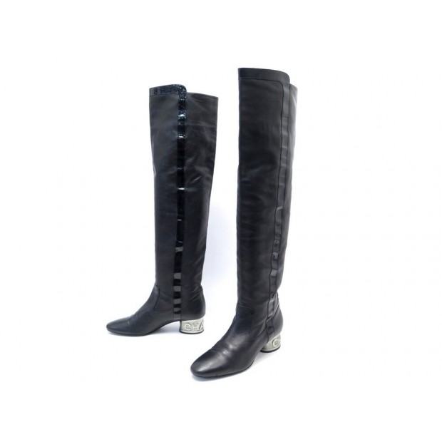 CHAUSSURES CHANEL BOTTES CUISSARDES G25874 38.5 EN CUIR NOIR BOOTS SHOES 1750€