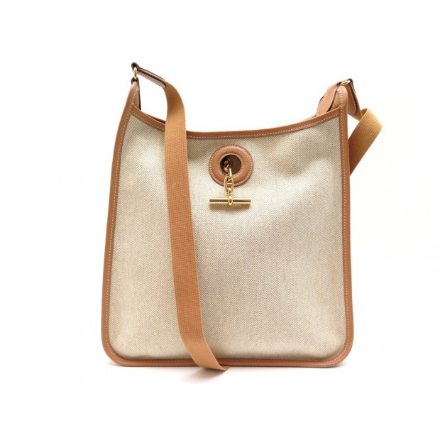 NEUF SAC A MAIN HERMES VESPA PM BANDOULIERE EN TOILE ET CUIR BEIGE HANDBAG 2380€