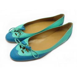 NEUF CHAUSSURES HERMES KLOE 37 BALLERINES CUIR TURQUOISE LEATHER FLAT SHOES 470€