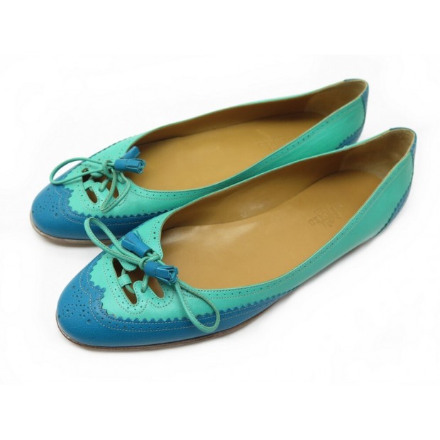 NEUF CHAUSSURES HERMES KLOE 37 BALLERINES CUIR TURQUOISE LEATHER FLAT SHOES 470€