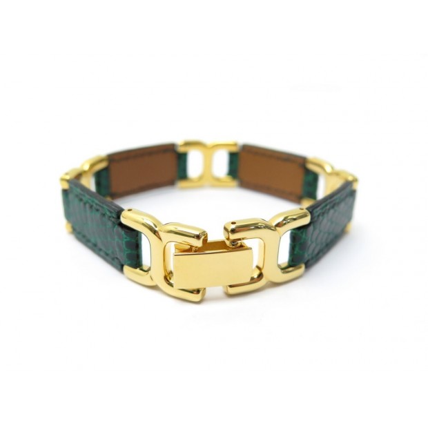 NEUF BRACELET HERMES BEAUVAU 18 CM EN CUIR VERT LEZARD VARANUS & OR + BOITE 380€