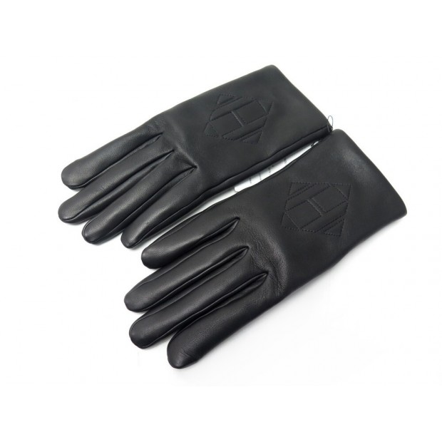 NEUF GANTS HERMES PRISME 75 EN CUIR AGNEAU NOIR & CACHEMIRE LEATHER GLOVES 585€