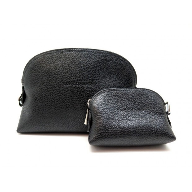 NEUF LOT LONGCHAMP LE FOULONNE TROUSSE ET PORTE MONNAIE EN CUIR GRAINE NOIR 145€