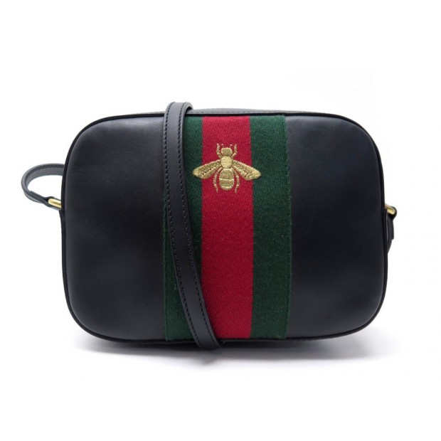 NEUF SAC A MAIN GUCCI ABEILLE RUBAN WEB 412008 BANDOULIERE EN CUIR NOIR BAG 910€