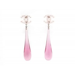 NEUF BOUCLES D'OREILLES CHANEL GOUTTES LOGO CC & STRASS ROSE BOITE EARRINGS 660€