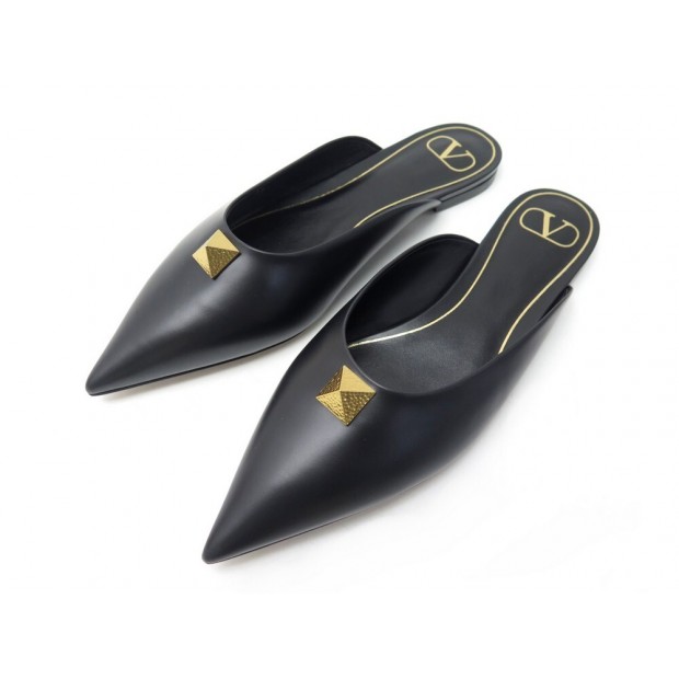 NEUF CHAUSSURES VALENTINO MULES ROMAN STUD 39 EN CUIR NOIR + BOITE SHOES 590€