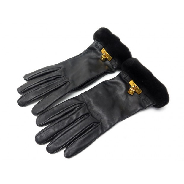 NEUF GANTS HERMES PRINCESSE CADENAS KELLY 8 CUIR & FOURRURE VISON GLOVES 1115€