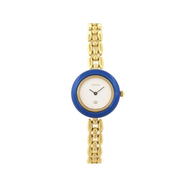 MONTRE GUCCI 26 MM CADRAN BLEU BRACELET PLAQUE OR QUARTZ GOLD PLATED WATCH 800€