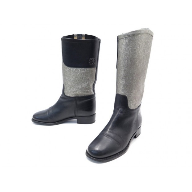 CHAUSSURES CHANEL BOTTES G28488 37.5 EN CUIR NOIR & ARGENTE BOOTS SHOES 1350€