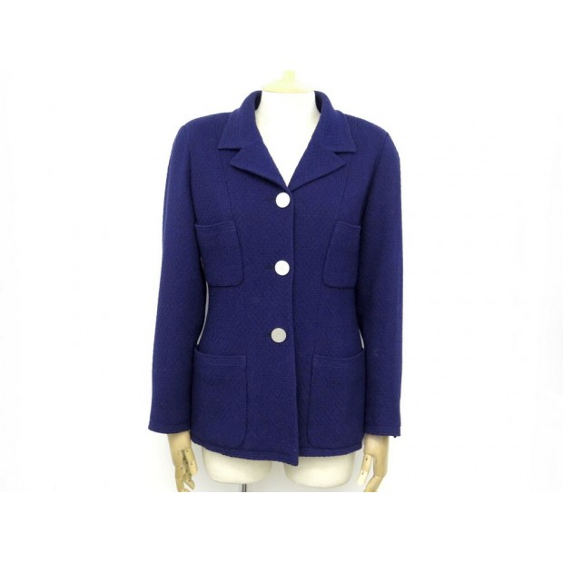 VESTE CHANEL BOUTONS LOGO CC TAILLE 42 L EN TWEED BLEU BLUE WOOL JACKET 5590€