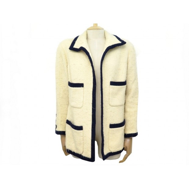 VESTE CHANEL BOUTONS LOGO CC TAILLE 42 L EN TWEED BEIGE & BLEU WOOL JACKET 5590€