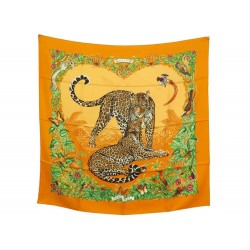 FOULARD HERMES JUNGLE LOVE ROBERT DALLET CARRE 90 EN SOIE ORANGE SILK SCARF 385€