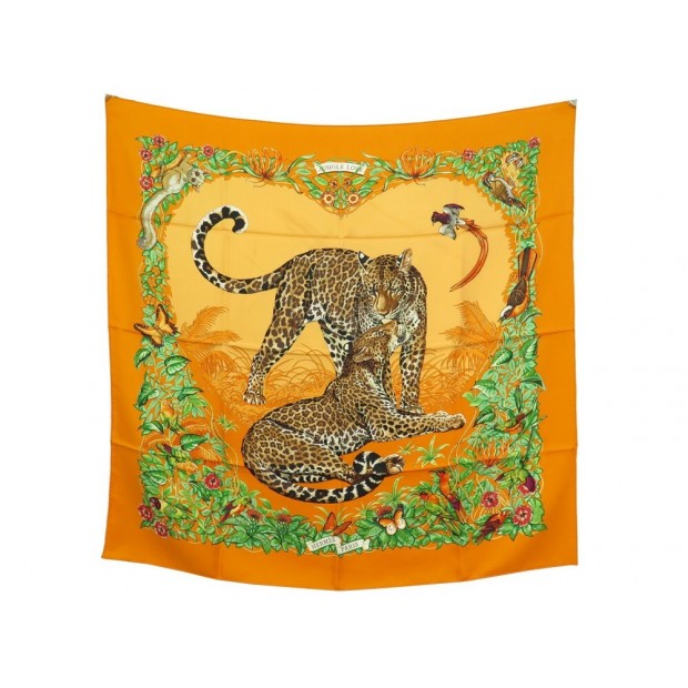 FOULARD HERMES JUNGLE LOVE ROBERT DALLET CARRE 90 EN SOIE ORANGE SILK SCARF 385€