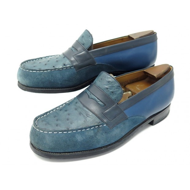 CHAUSSURES JM WESTON 180 5.5D 39.5 MOCASSINS CUIR DAIM ET AUTRUCHE BLEU LOAFERS