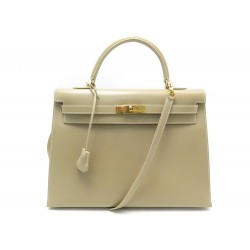 SAC A MAIN HERMES KELLY 35 SELLIER EN CUIR BEIGE BANDOULIERE LEATHER HAND BAG