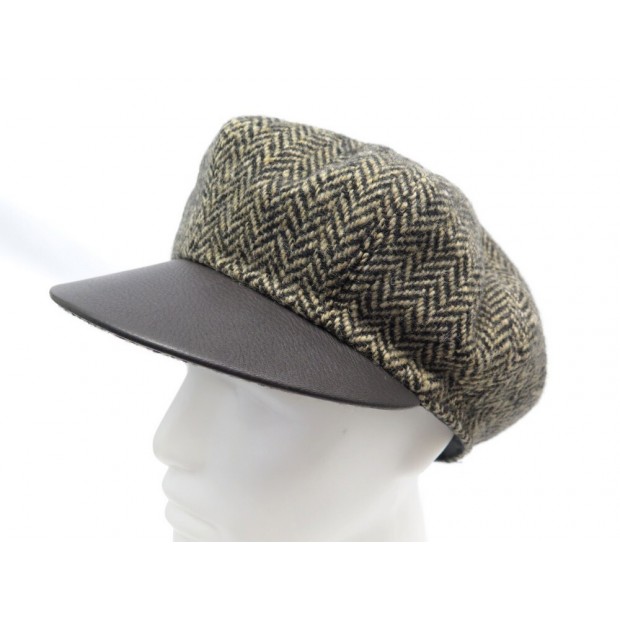 NEUD CASQUETTE HERMES MOTIFS CHEVRONS 59 CACHEMIRE & CUIR MARRON NEW CAP 510€