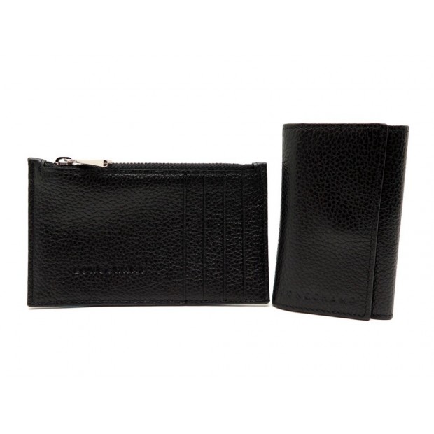 NEUF PORTE MONNAIE BAXI + ETUI CLE LE FOULONNE LONGCHAMP CUIR NOIR WALLET 130€