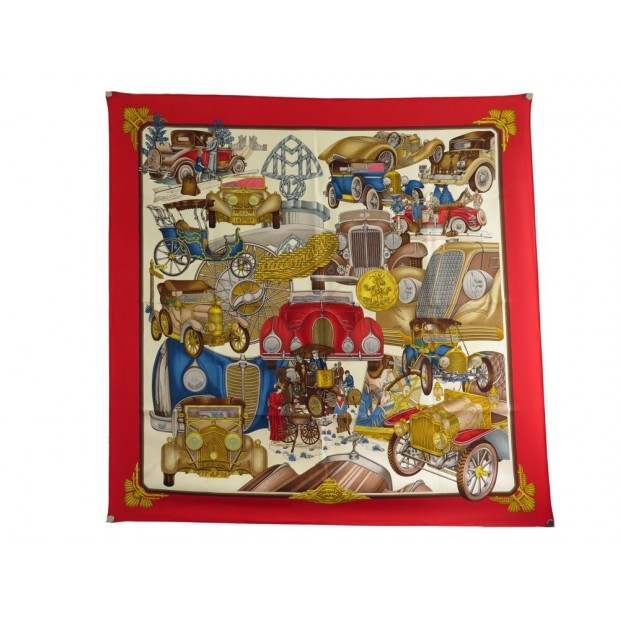 FOULARD HERMES AUTOMOBILE JOACHIM METZ CARRE 90 EN SOIE ROUGE SILK SCARF 385€