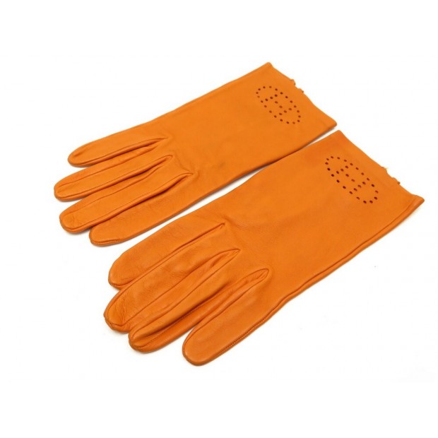 GANTS HERMES EVELYNE H PERFORE EN CUIR D'AGNEAU ORANGE 7 LEATHER GLOVES 695€