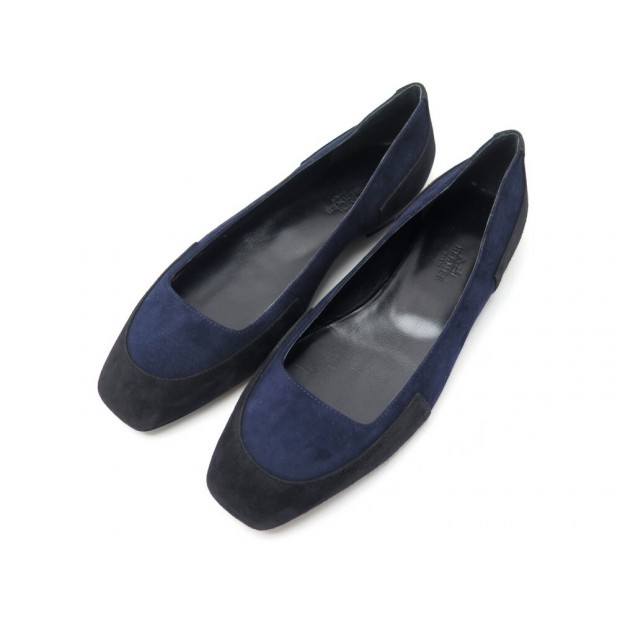 NEUF CHAUSSURES HERMES BALLERINES 38.5 EN DAIM BLEU MARINE + BOITE SHOES 870€