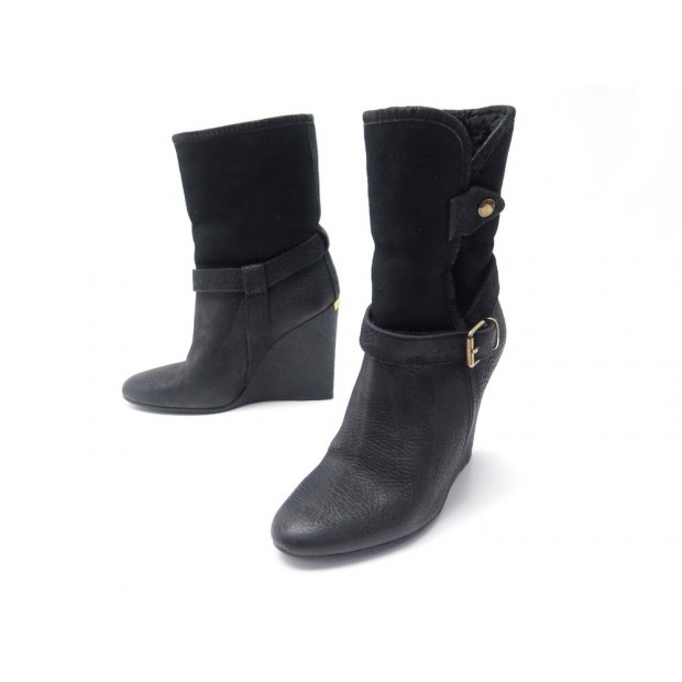 CHAUSSURES BURBERRY BOTTINES COMPENSE FOURREES 38 CUIR NOIR BOOTS SHOES