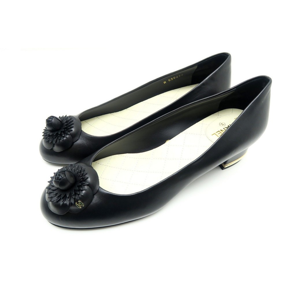 CHANEL Black CC Logo Camelia Flower Ballet Ballerina Flats Shoes 38 1/2