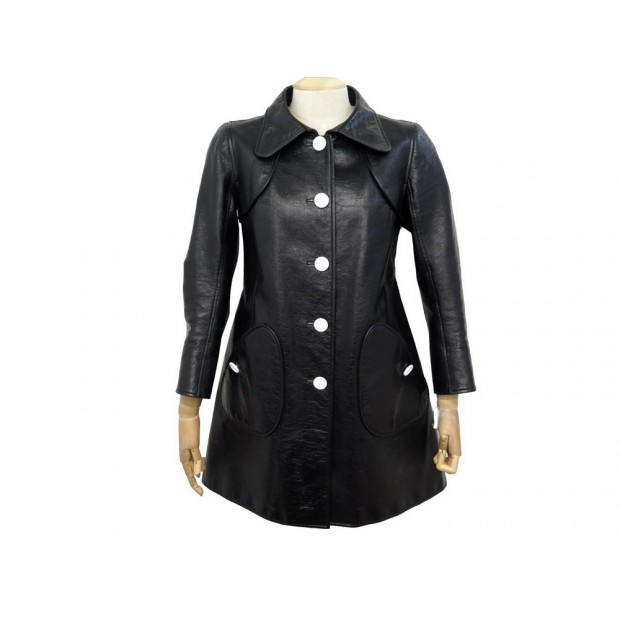 NEUF MANTEAU COURREGES IMPERMEABLE VINYLE S 34 EN COTON NOIR TRENCH COAT 990€